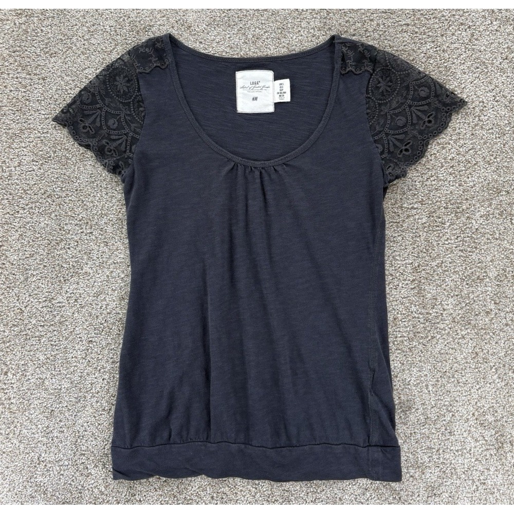 L.O.G.G. H&M Lace Sleeve Top Womens Size Small Faded Black Whimsigoth Grunge Y2K